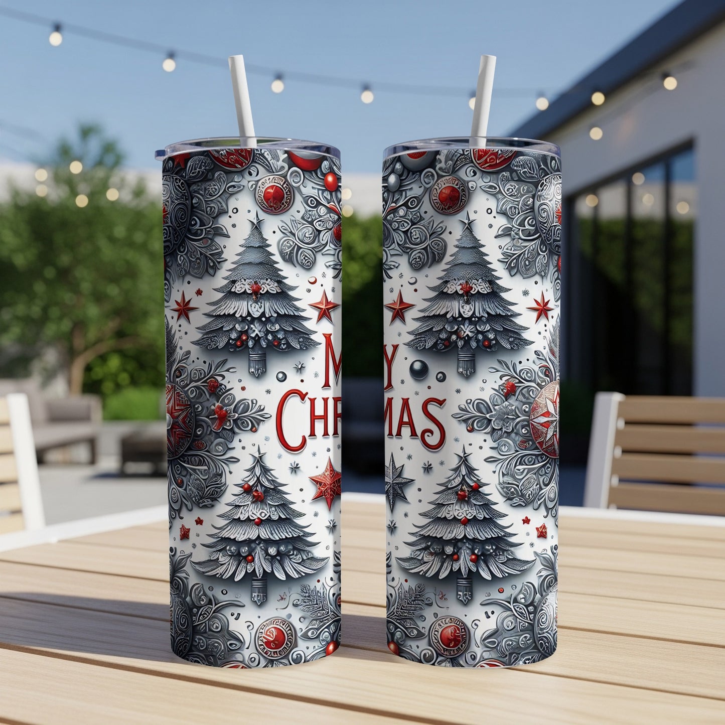 Two tumblers with a white and red Christmas tree pattern and "Merry Christmas" text.