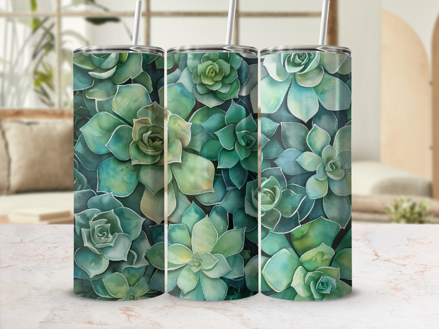 Three green succulent tumblers with watercolor effect and straw.