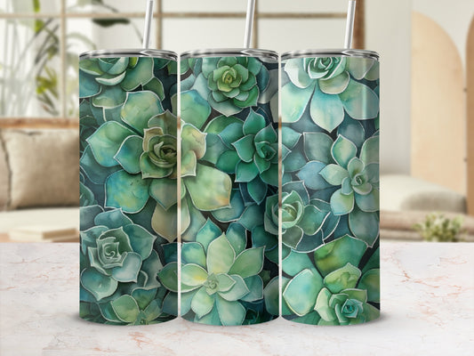 Three green succulent tumblers with watercolor effect and straw.