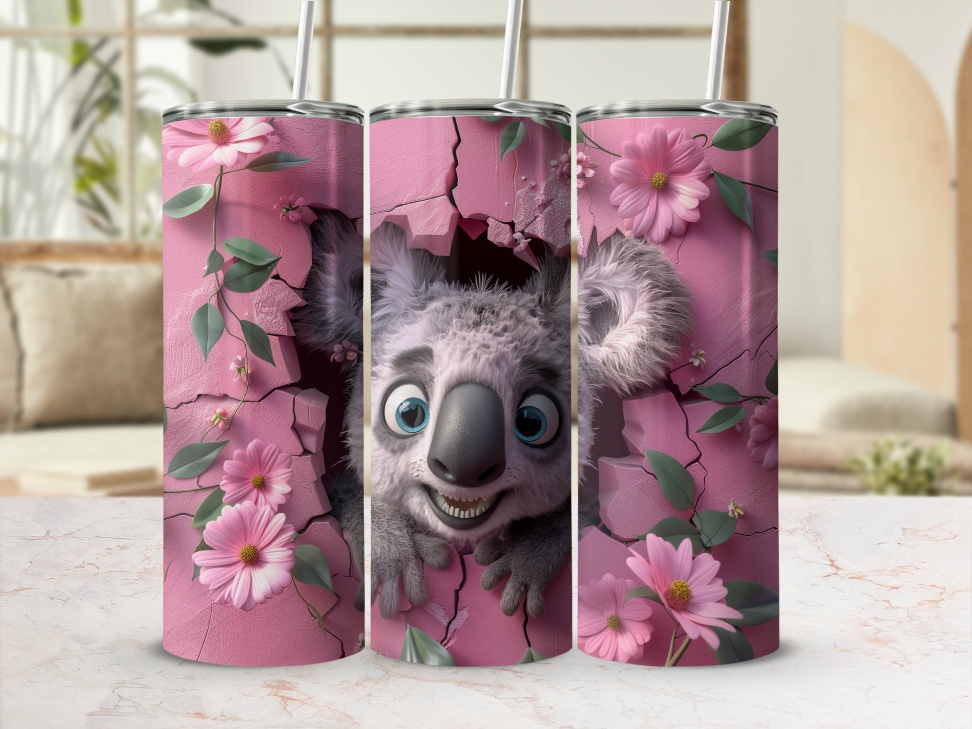 Koala Pink Flowers Wall Tumbler product type
Koala Tumbler, Pink Flowers, Cute Koala, Animal Design, Floral Pattern, Cracked Wall, Smiling Koala, Blue Eyes Tumbler, Unique Drinkware, Beverage Holder, Gift Idea, Adorable Koala, Nature Theme, Green Vines, Aesthetic Design, Happy Animal, Childrens Tumbler, Cute Creature, Drink Cup, Wildlife Art