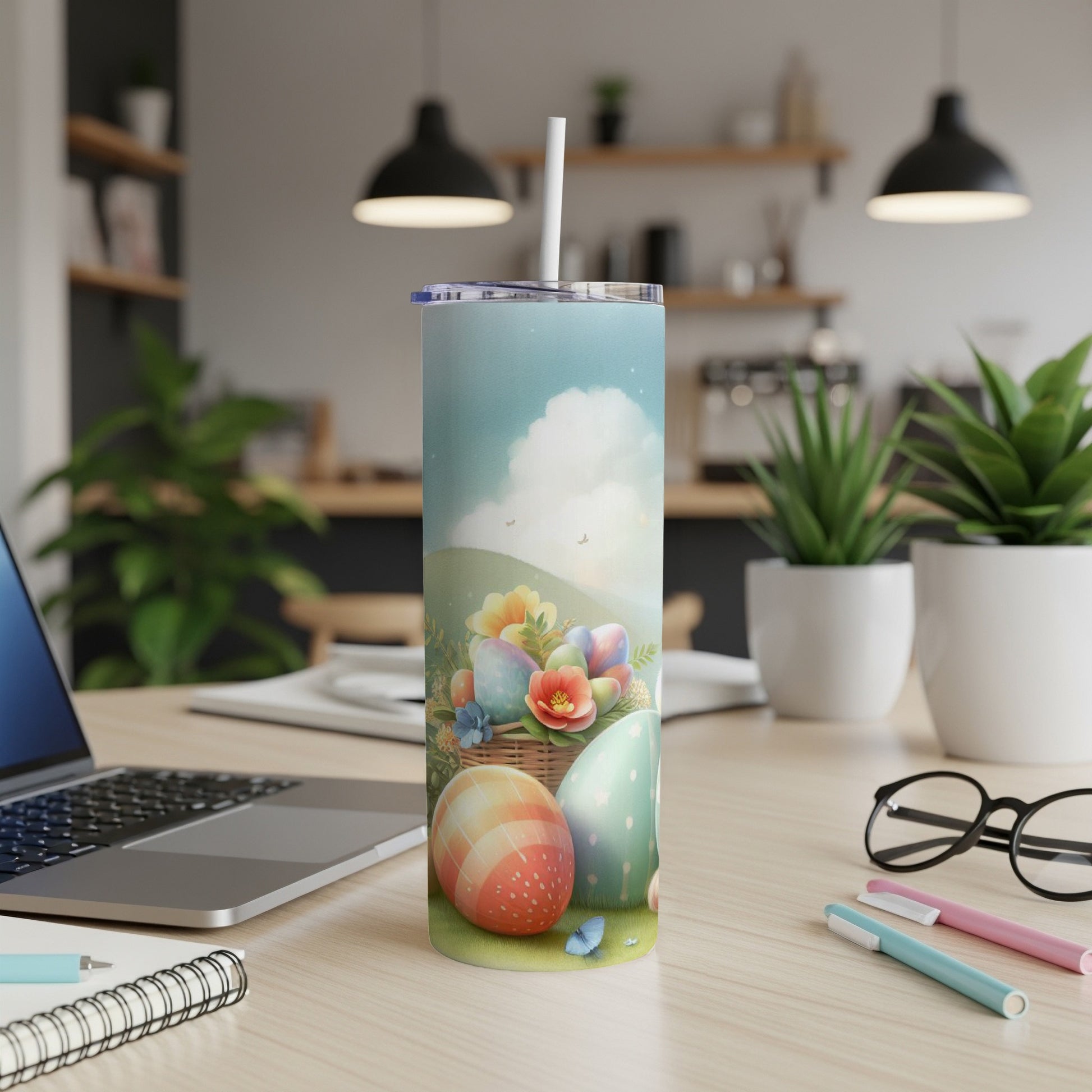 Easter-themed tumbler with colorful eggs, basket, and spring flowers.