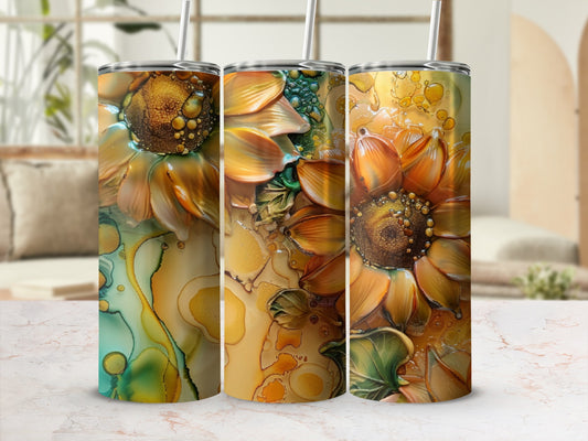 Sunflowers and abstract watercolor design on three tumblers.