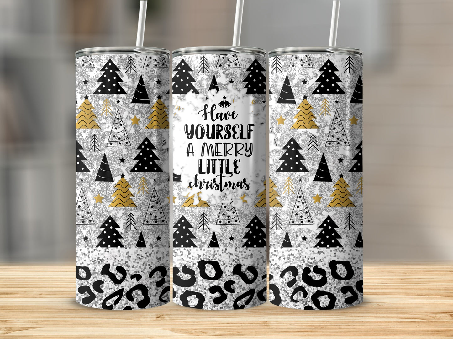 Christmas tumbler with trees and leopard print, "Have yourself a merry little Christmas."