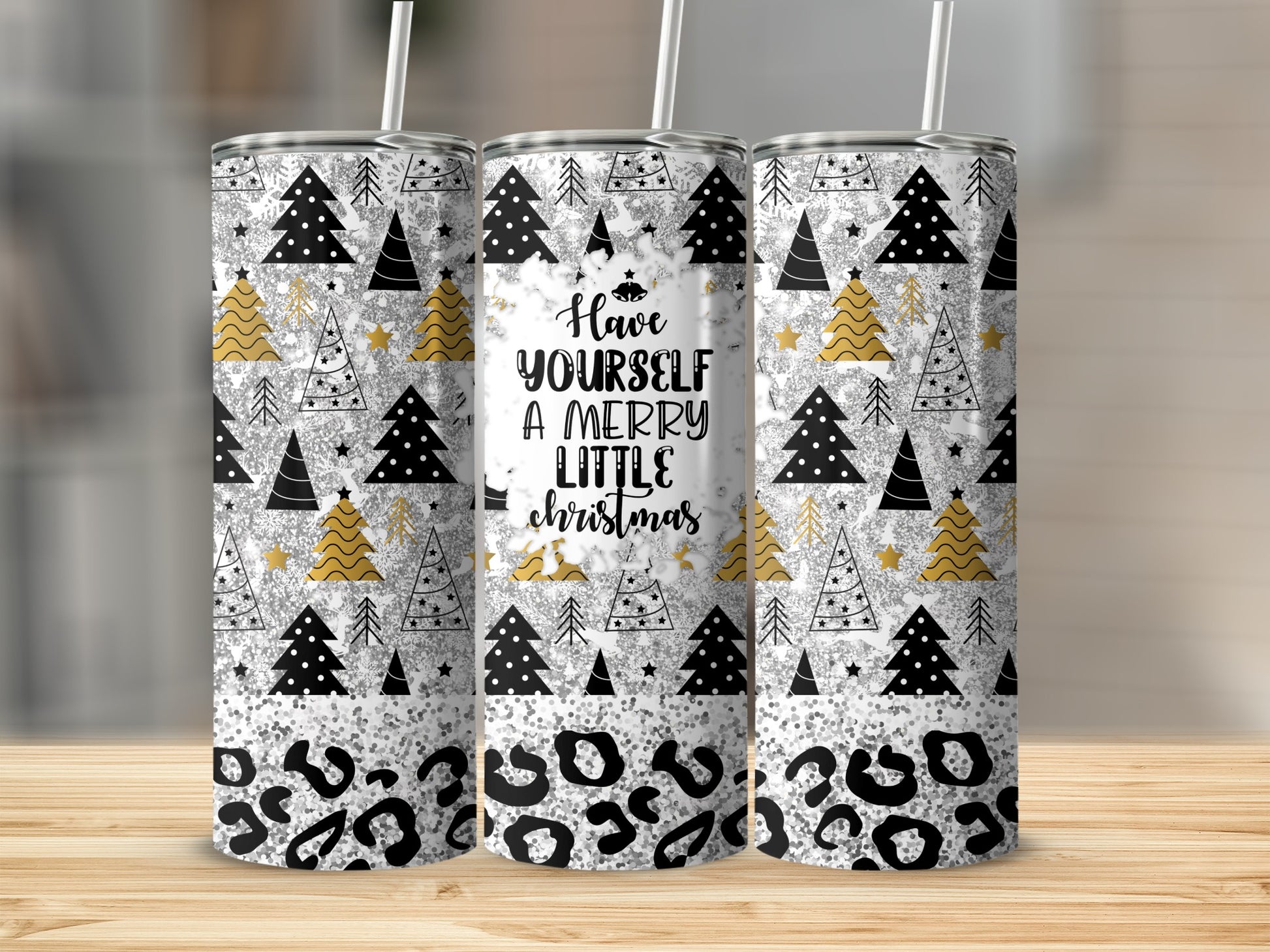 Christmas tumbler with trees and leopard print, "Have yourself a merry little Christmas."