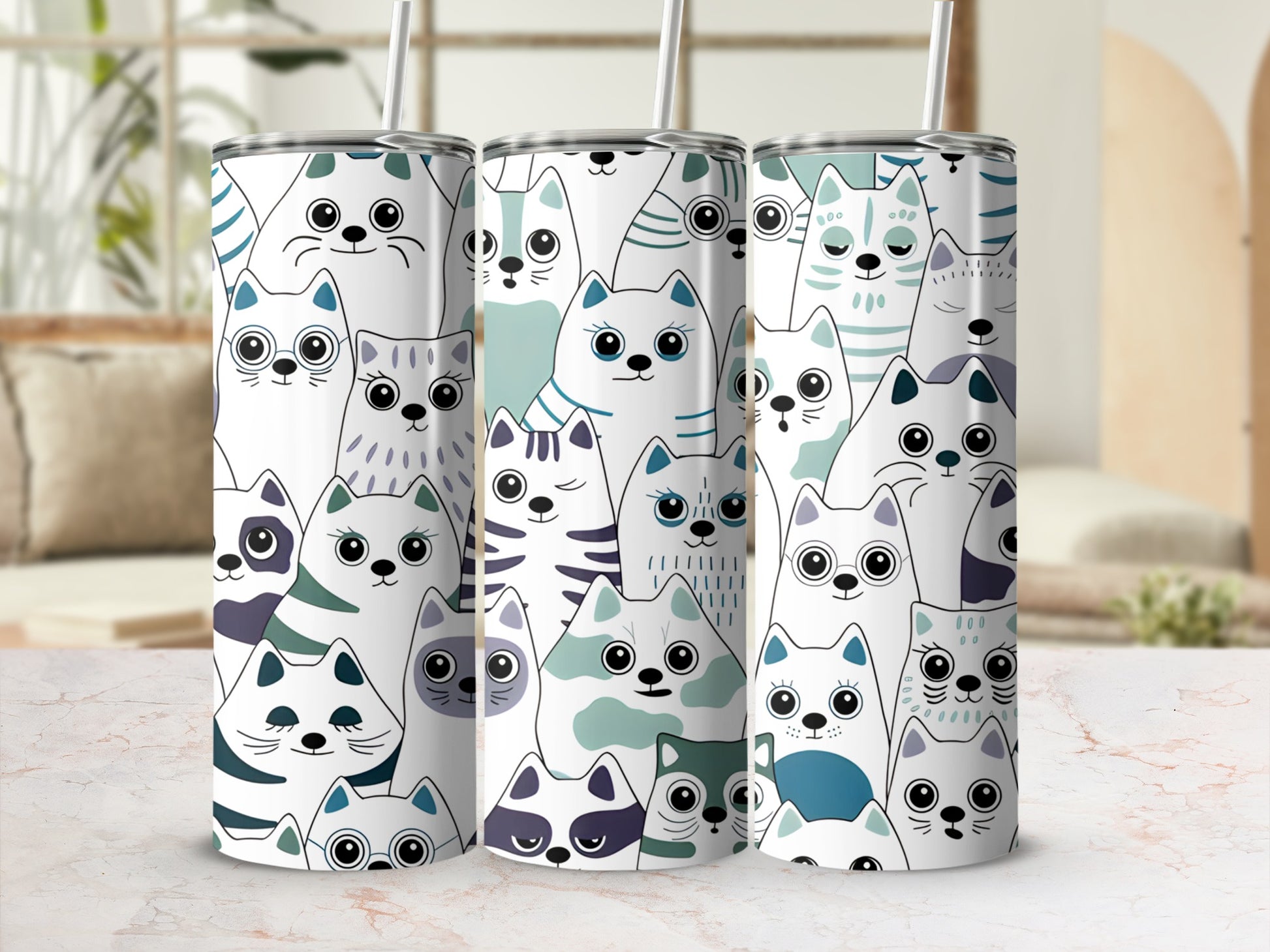 Multiple stylized cats with blue eyes and patterned fur wrap around three tumblers.