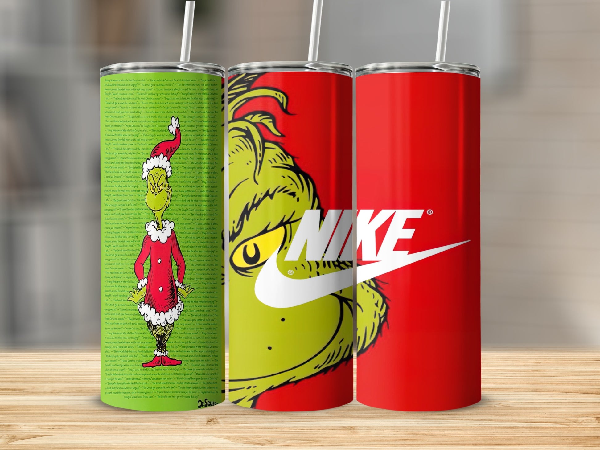Three tumblers featuring the Grinch and Nike logo.