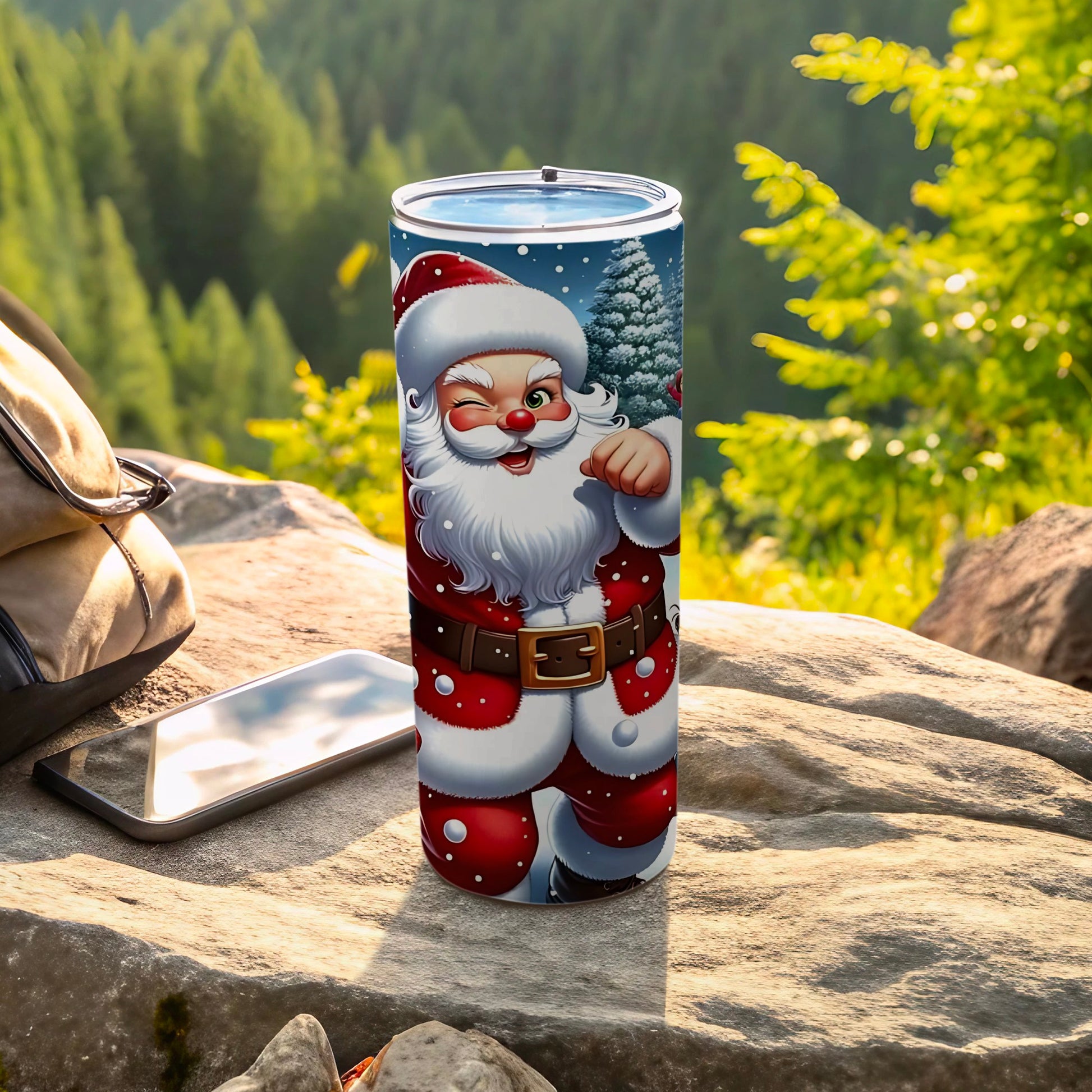 Festive Santa Claus Holiday Tumbler with Winking Face