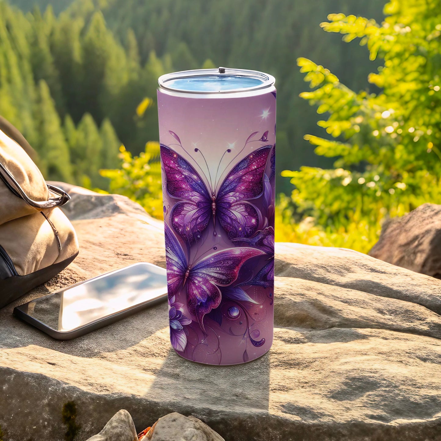 Purple Butterfly Patterned Insulated Travel Tumbler