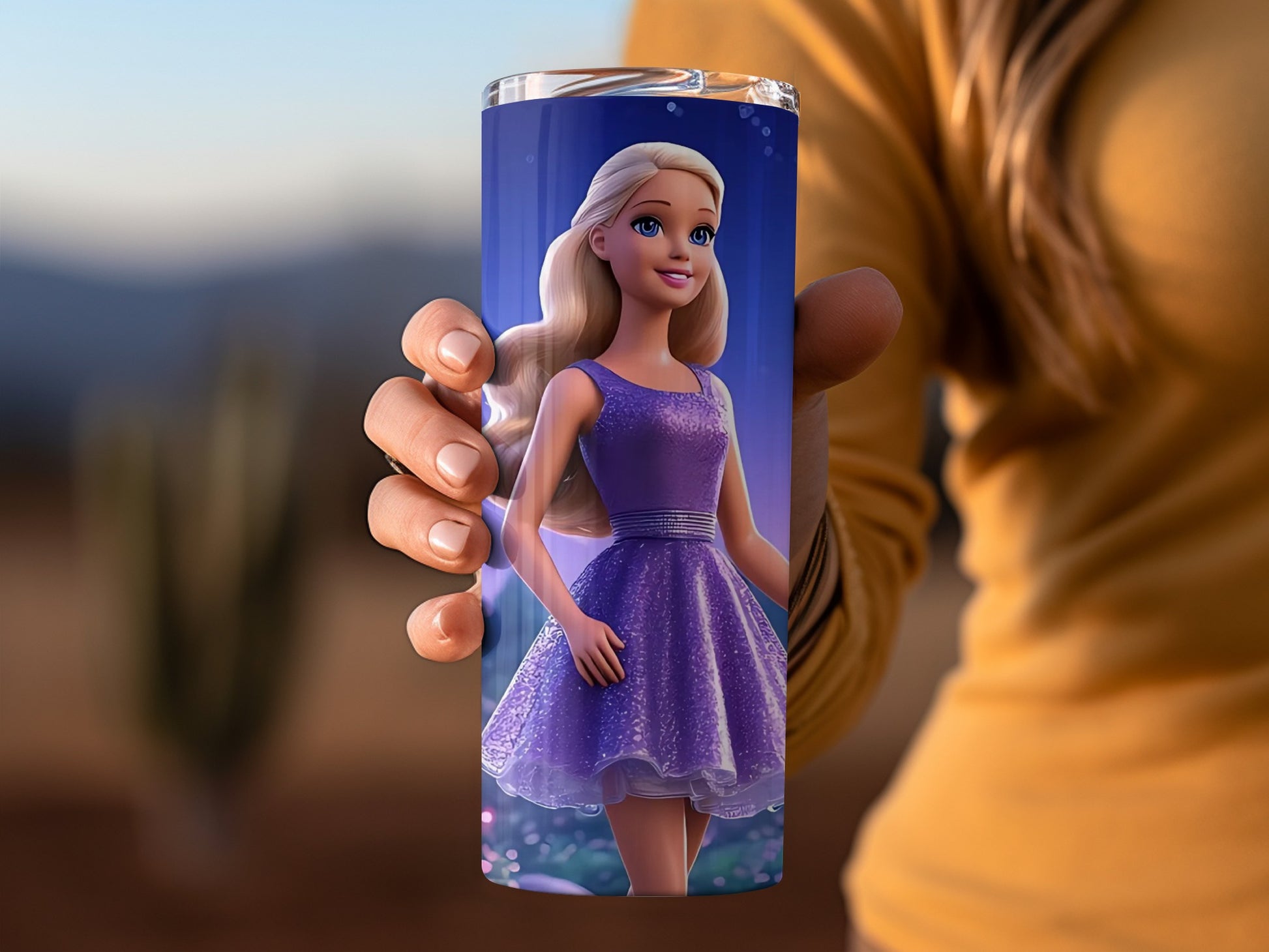 Elegant Barbie in Purple Dress Tumbler Design
