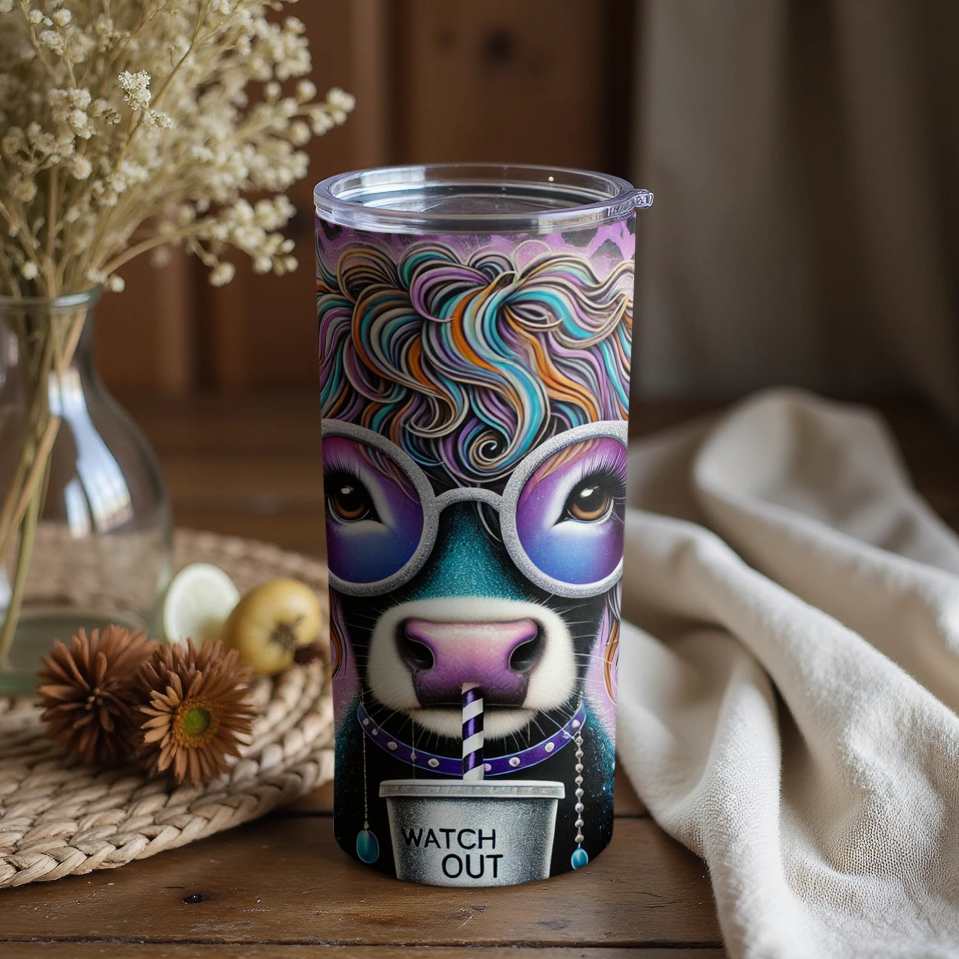 Retro Cool Cow Design Tumbler with Psychedelic Colors