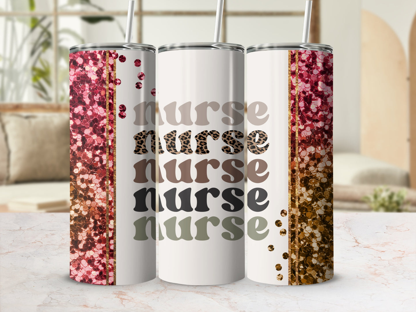 Three tumblers with "nurse" text and glitter designs on a marble surface.