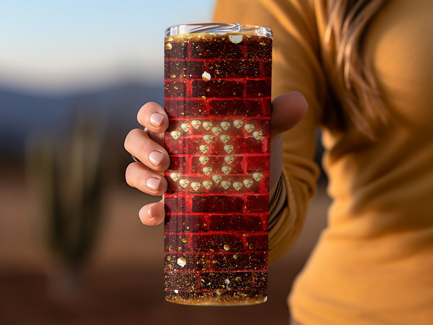 Stylish Red Brick Pattern Tumbler with Gold Glitter