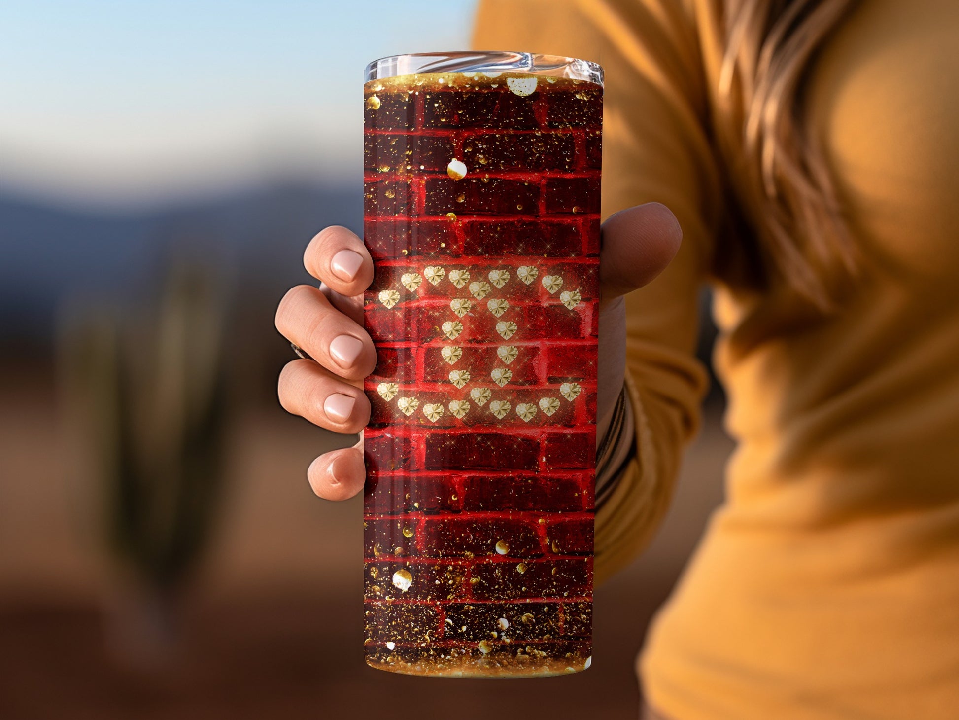 Stylish Red Brick Pattern Tumbler with Gold Glitter