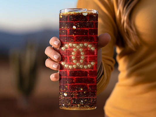 Stylish Red Brick Pattern Tumbler with Gold Glitter