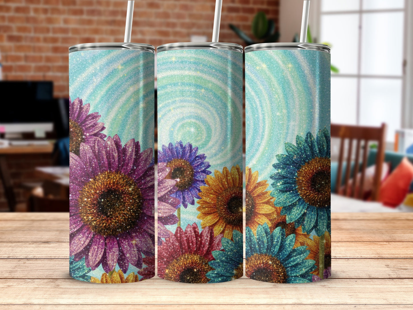 Glittery Sunflowers Tumbler with Straw