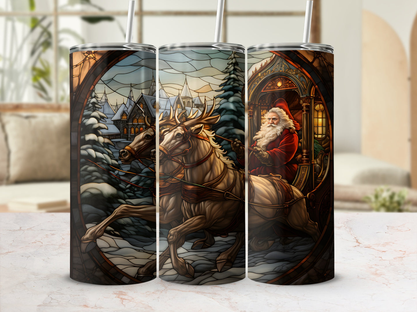Santa in sleigh pulled by reindeer, stained glass style.