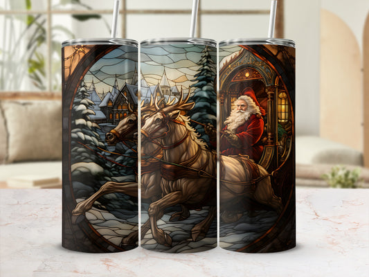 Santa in sleigh pulled by reindeer, stained glass style.