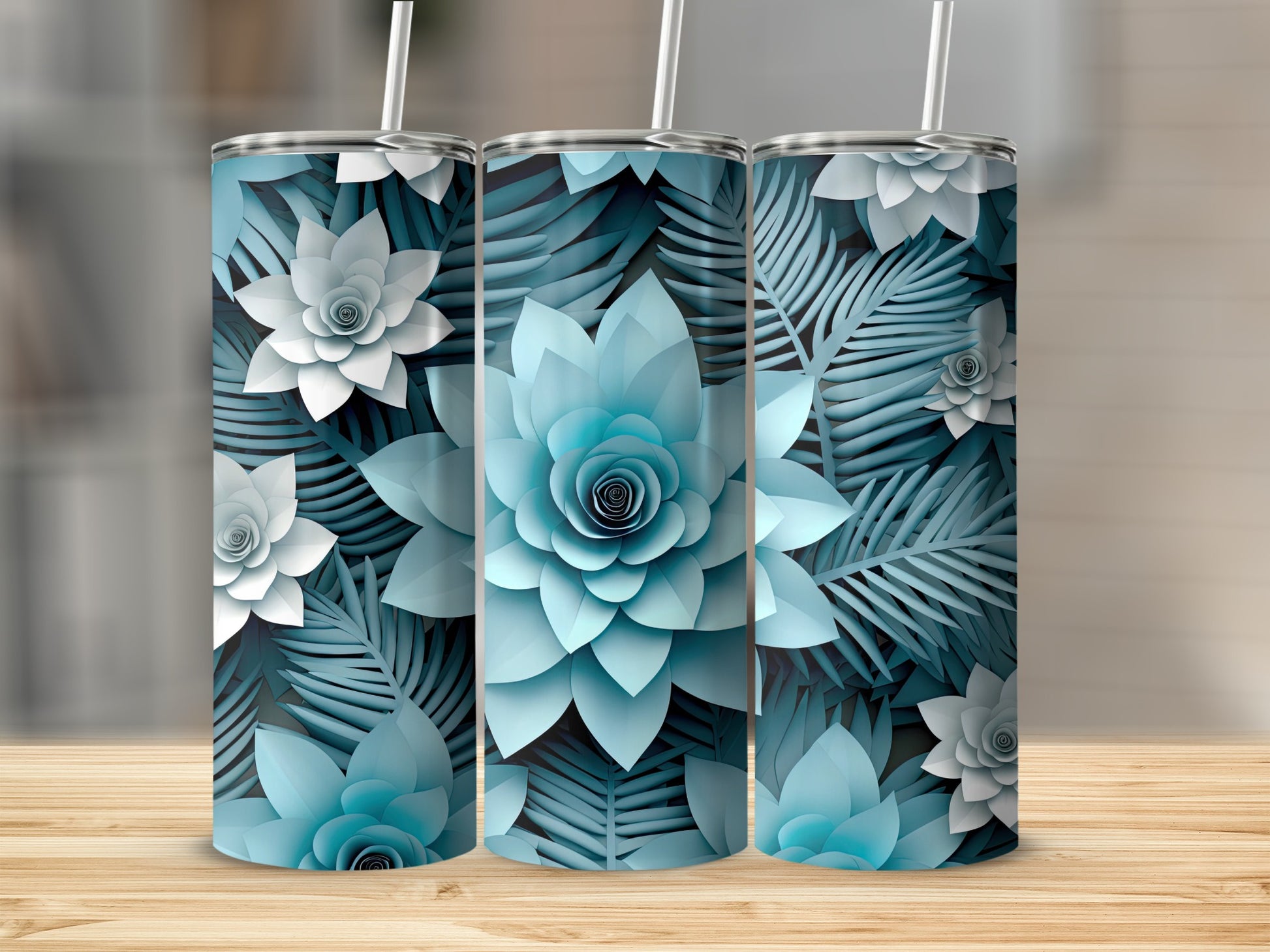 Blue and White Floral Tumbler with Lid and Straw