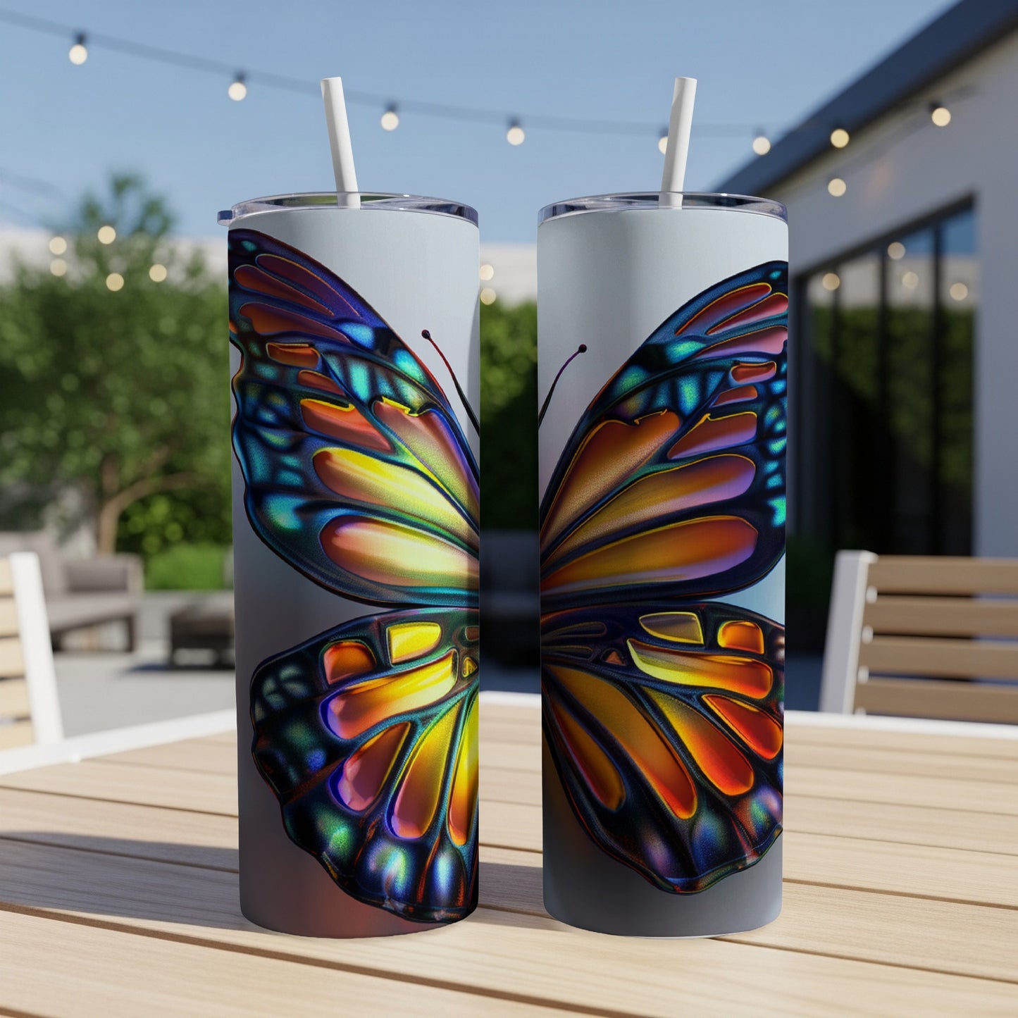 Two colorful stained-glass butterfly wing tumblers with straws.