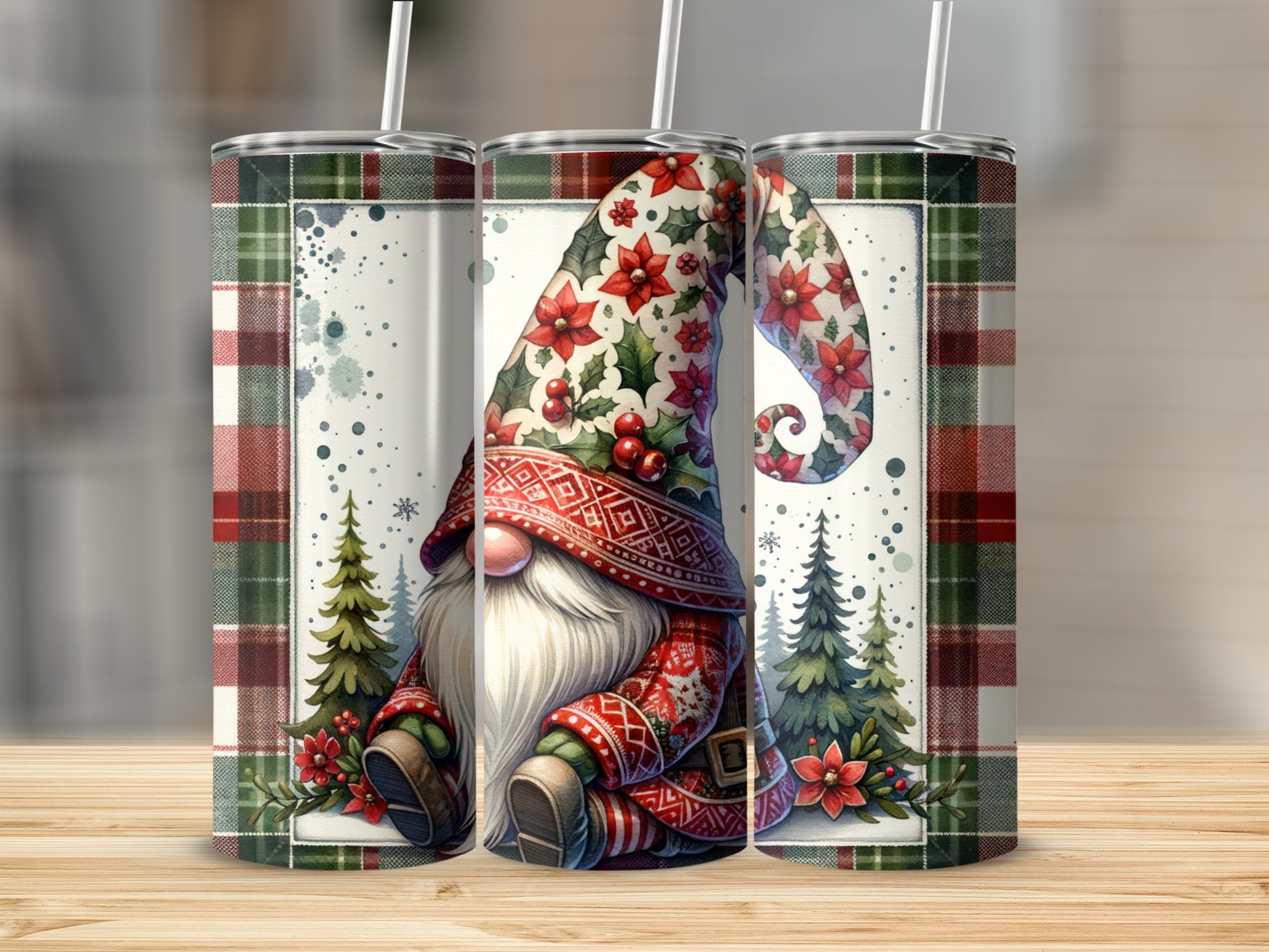 Gnome tumbler with poinsettias and plaid background.