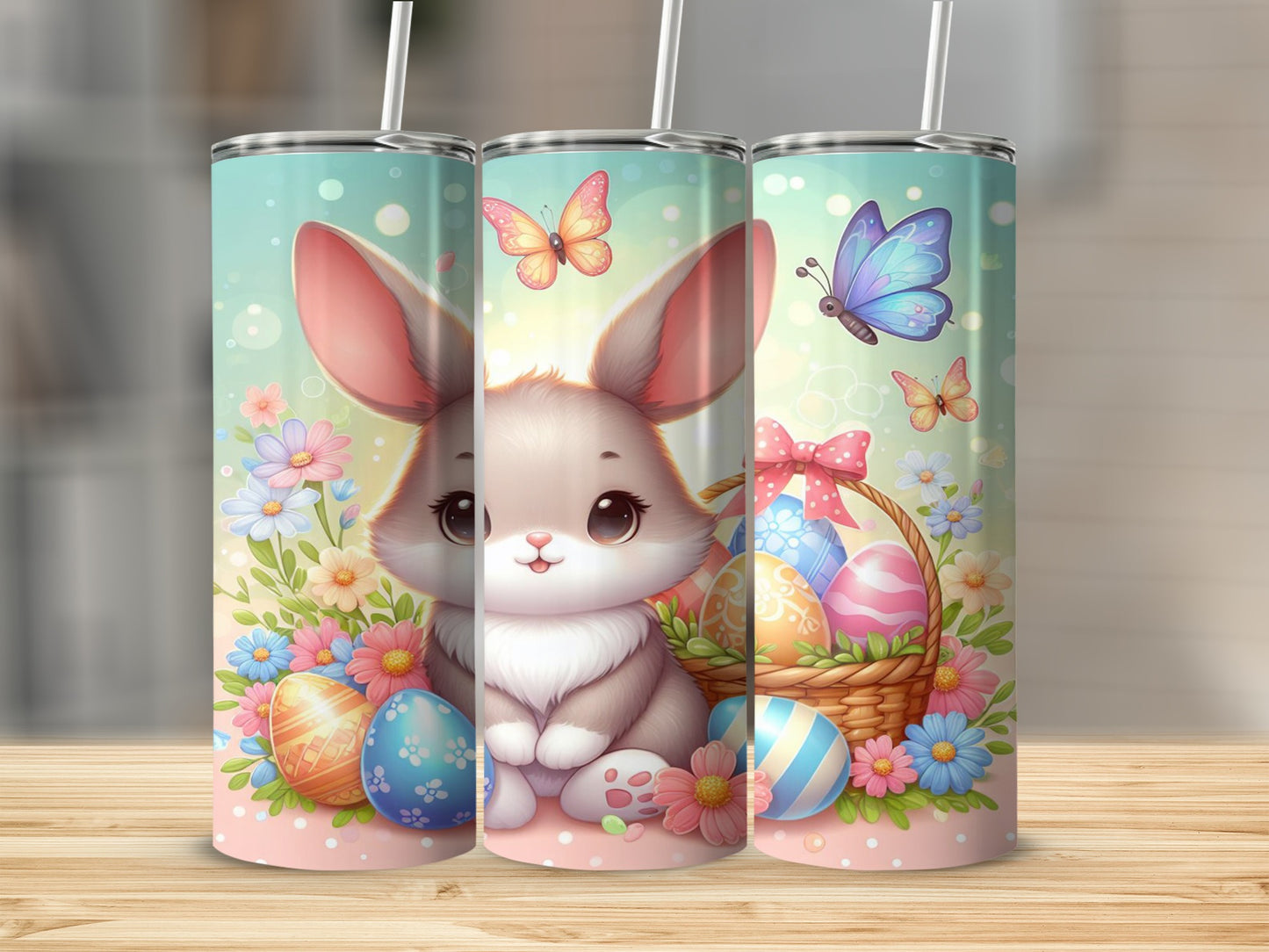 Easter bunny with basket of eggs and flowers.