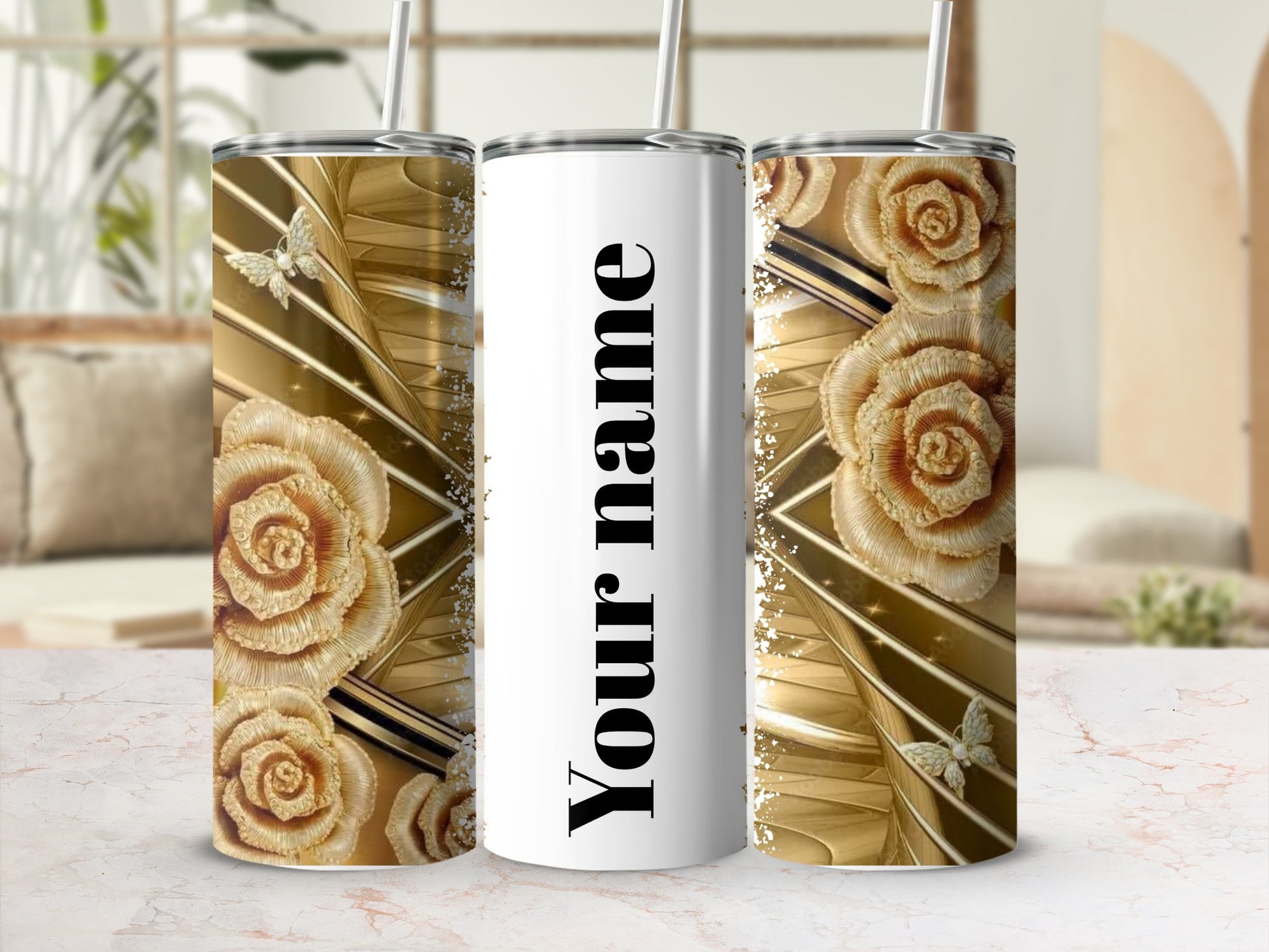 Personalized Floral and Butterfly Design Tumbler Cup