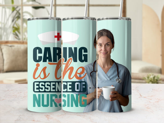 Nurse holding mug with "Caring is the essence of nursing" text.