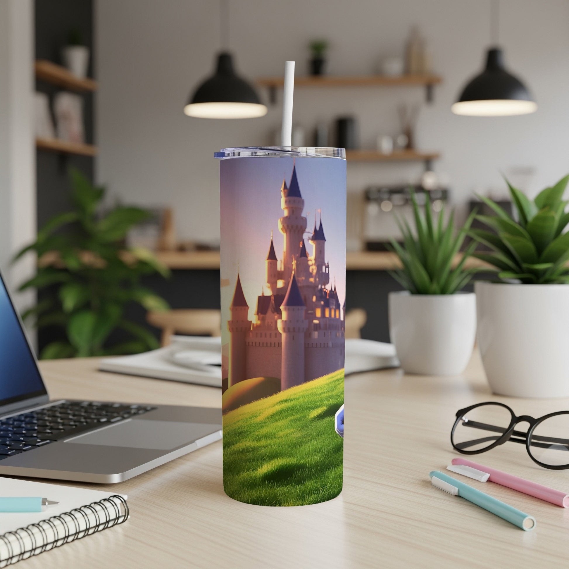 Castle on grassy hill with blue sphere, Disney-style tumbler on desk.