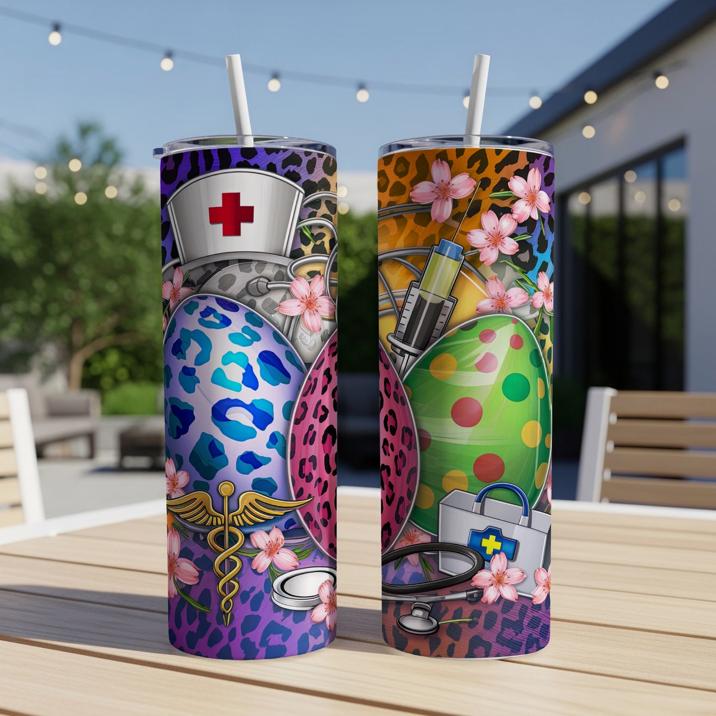 Two colorful tumblers with medical and Easter-themed designs.