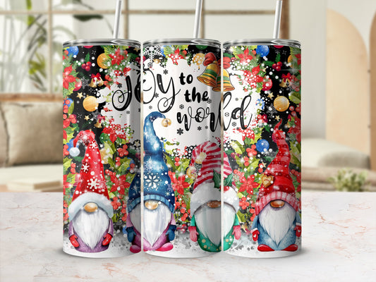 Four colorful Christmas gnomes on tumblers with "Joy to the world" text.