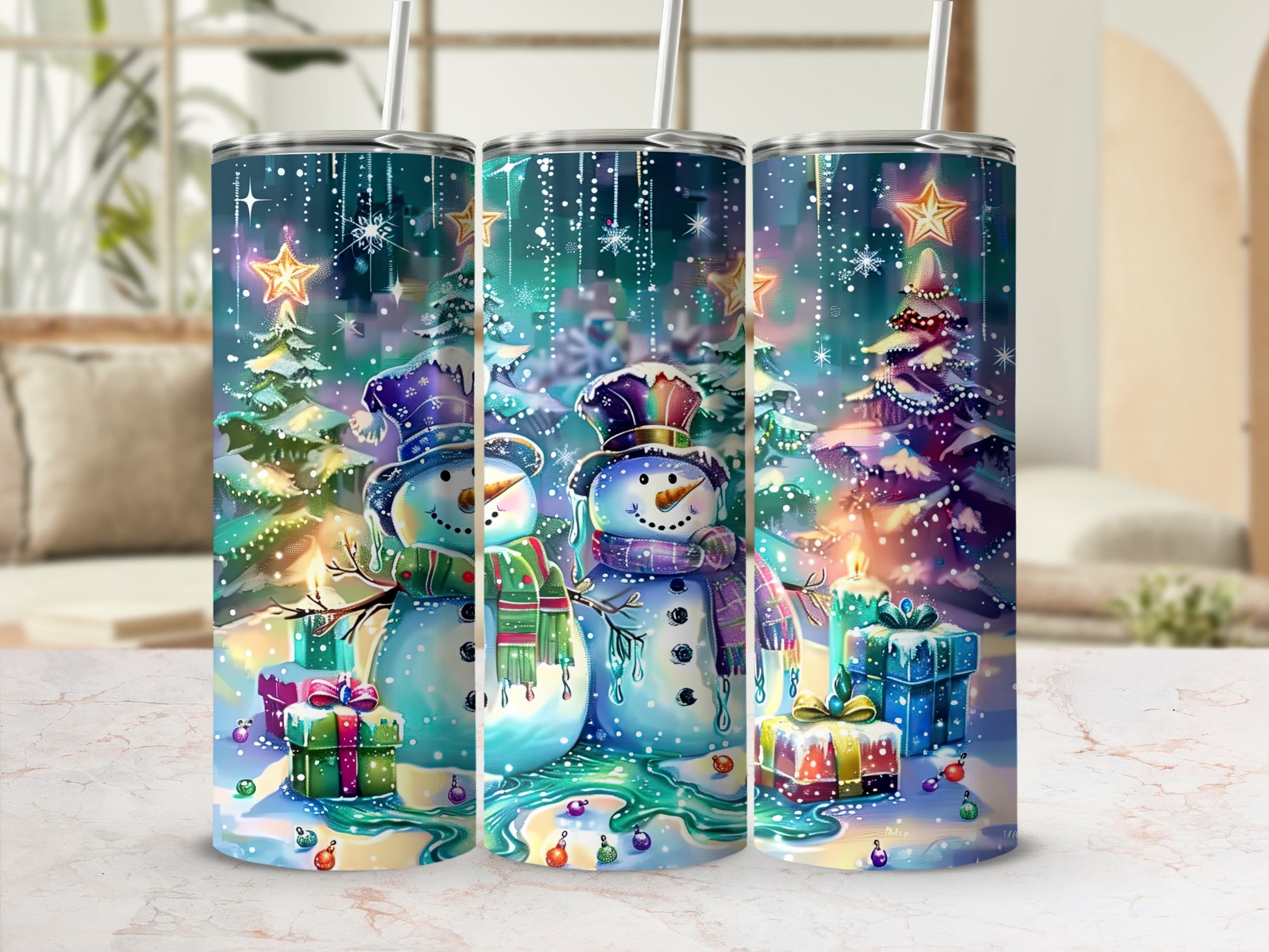 Festive Snowman Tumblers with Colorful Holiday Design