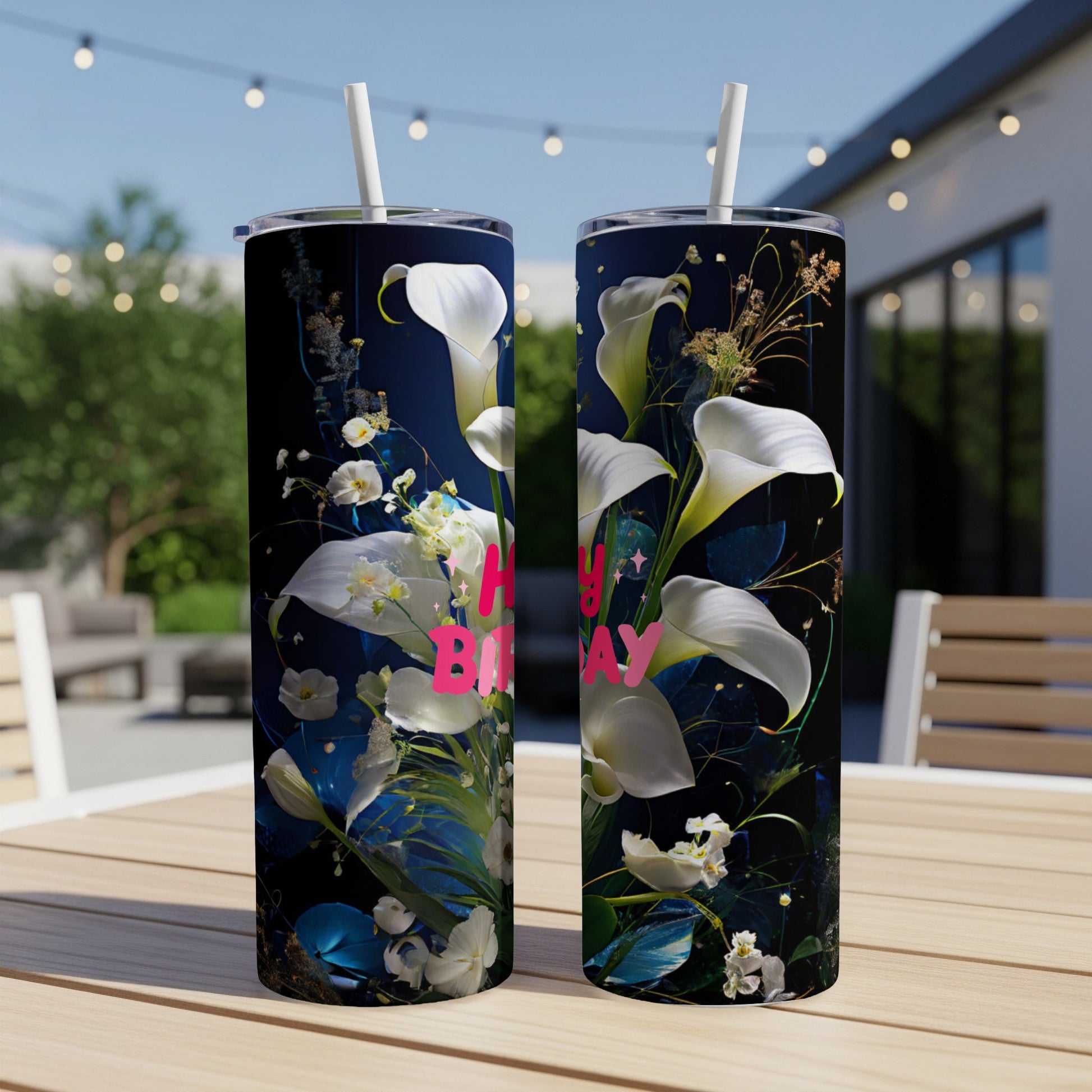 Two tumblers with white calla lilies and "HAPPY BIRTHDAY" text.