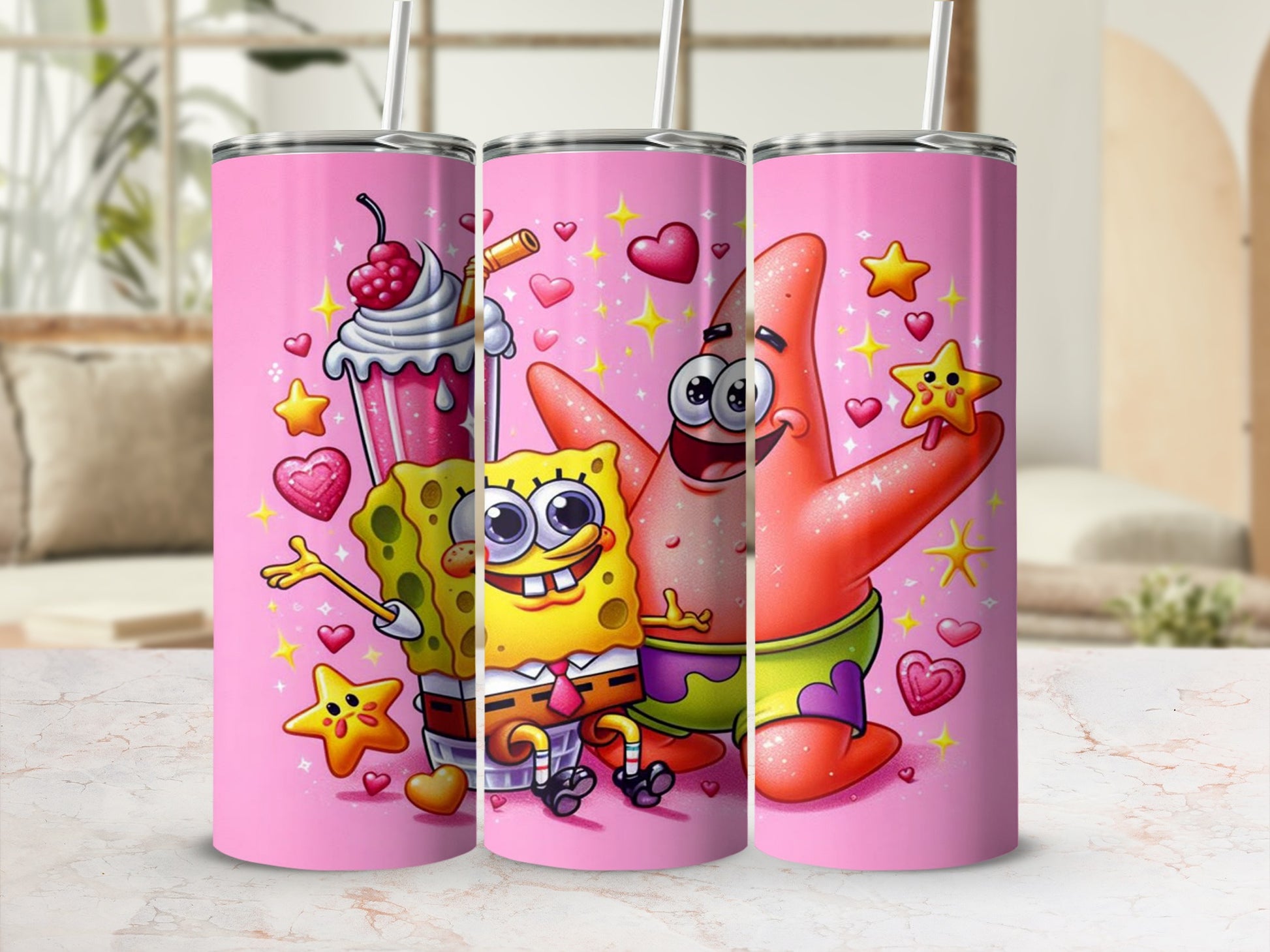 Cheerful SpongeBob and Patrick Tumbler with Straw