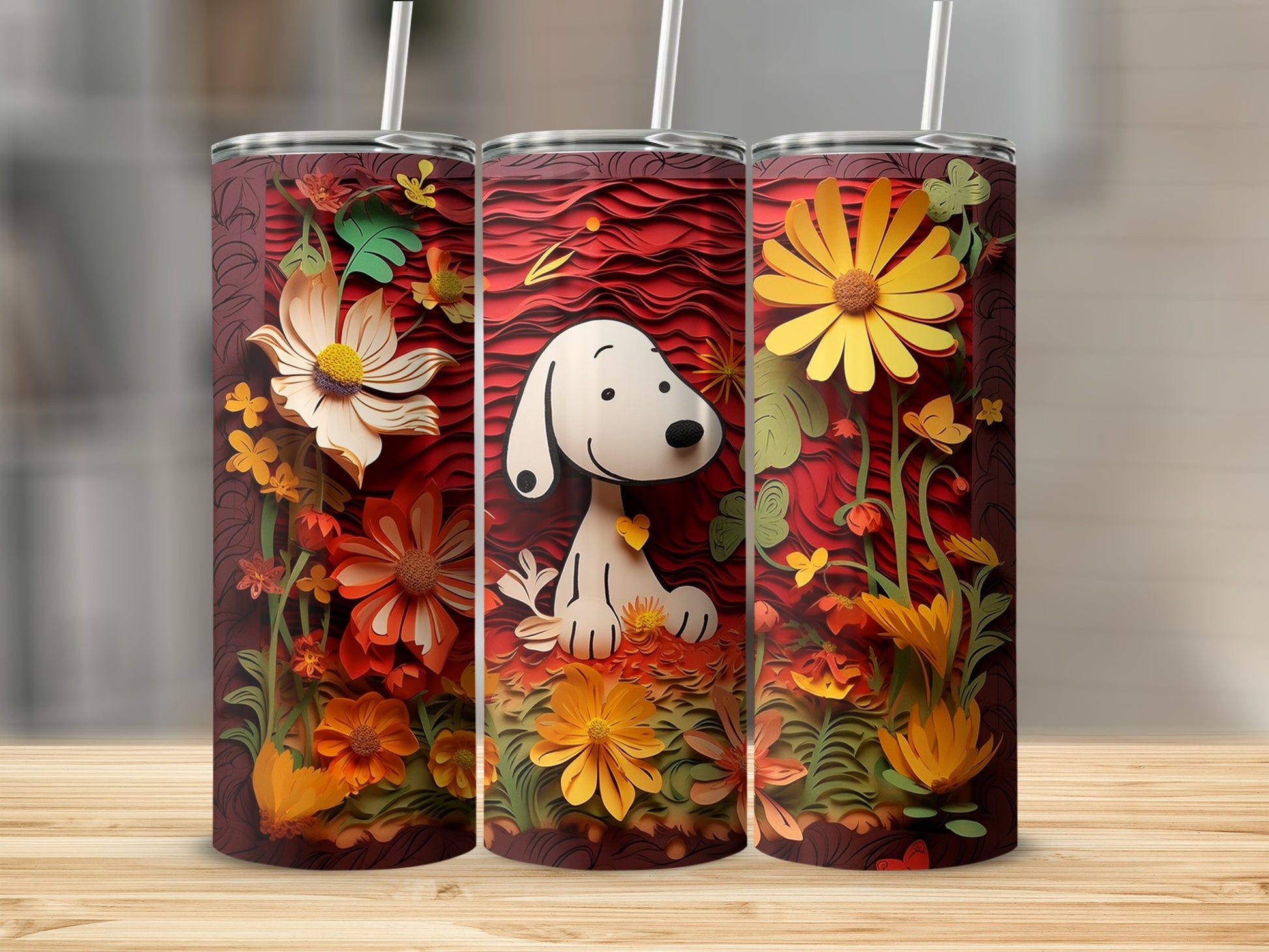 Cute Floral Themed Tumbler with Cartoon Character Design