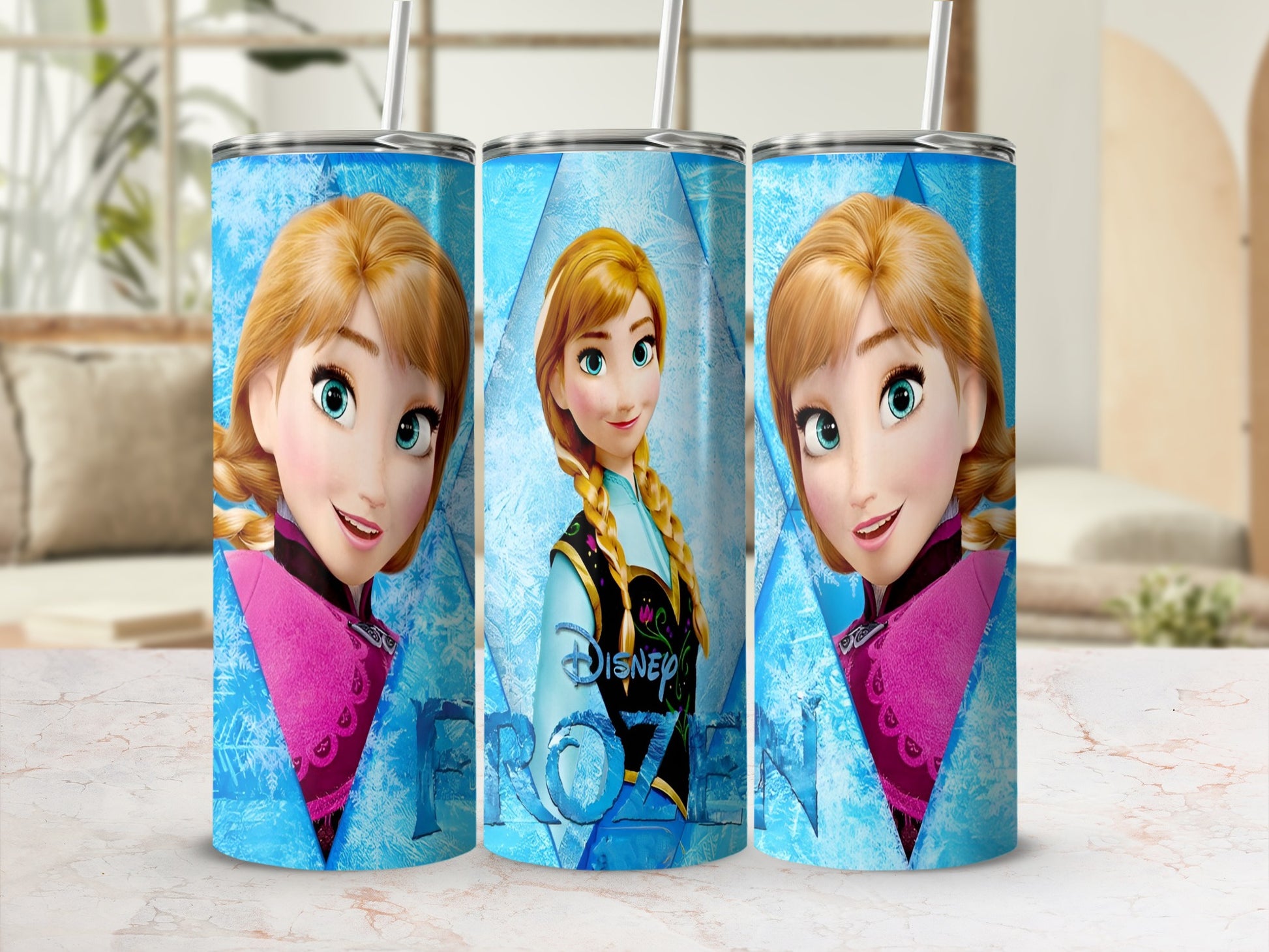 Anna from Frozen on a blue and pink tumbler with a straw.