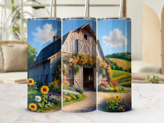 Barn with sunflowers and wildflowers in a rural landscape.