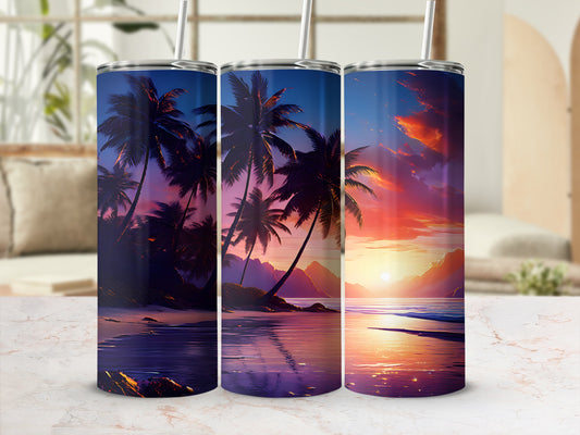 Three tumblers featuring a tropical sunset scene with palm trees.