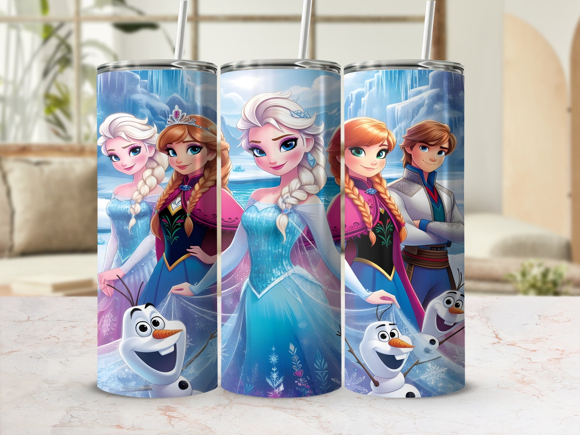 Elsa, Anna, and Kristoff from Frozen with Olaf on a white tumbler.