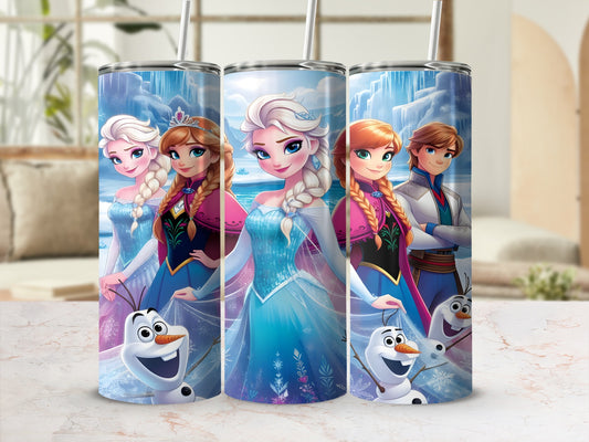 Elsa, Anna, and Kristoff from Frozen with Olaf on a white tumbler.