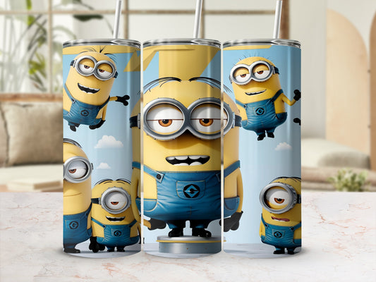 Three Minions characters in blue overalls and goggles on a tumbler.