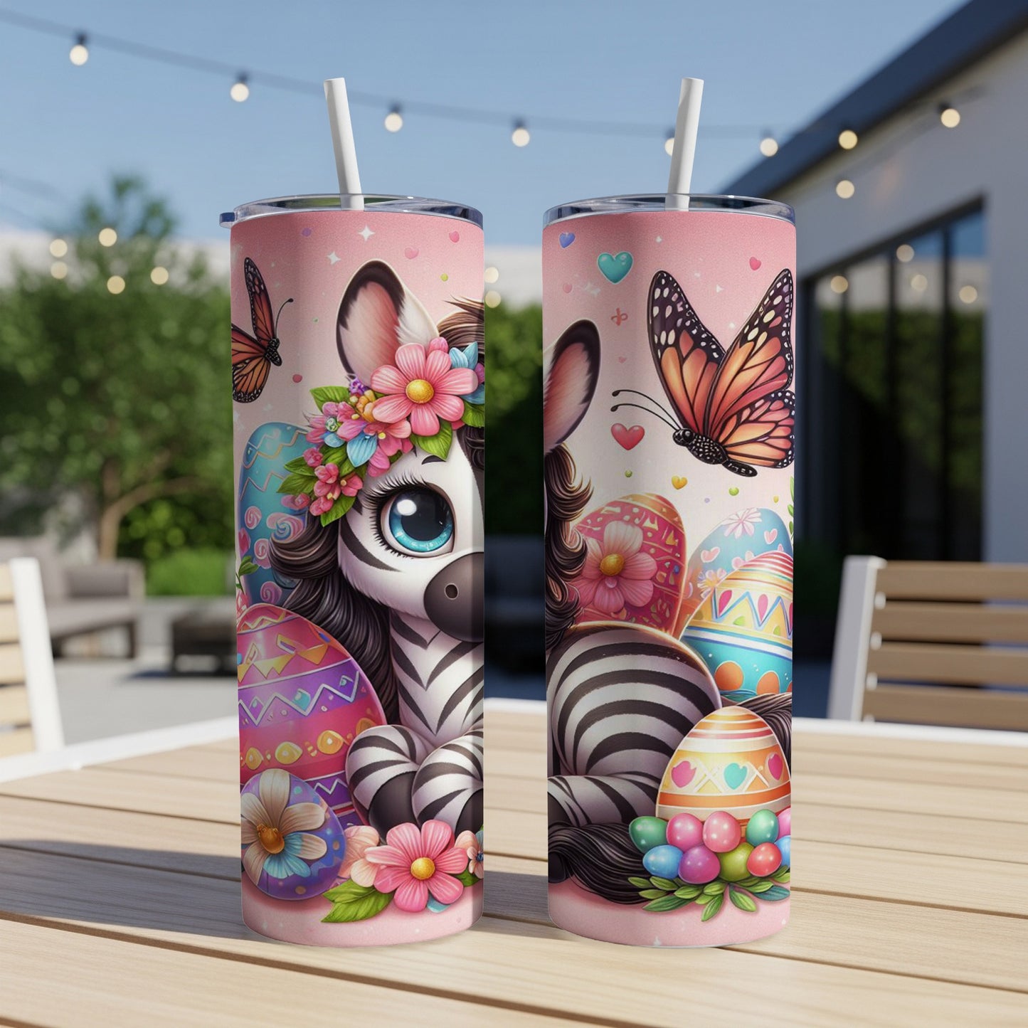 Two tumblers with a zebra and Easter eggs, pink background.