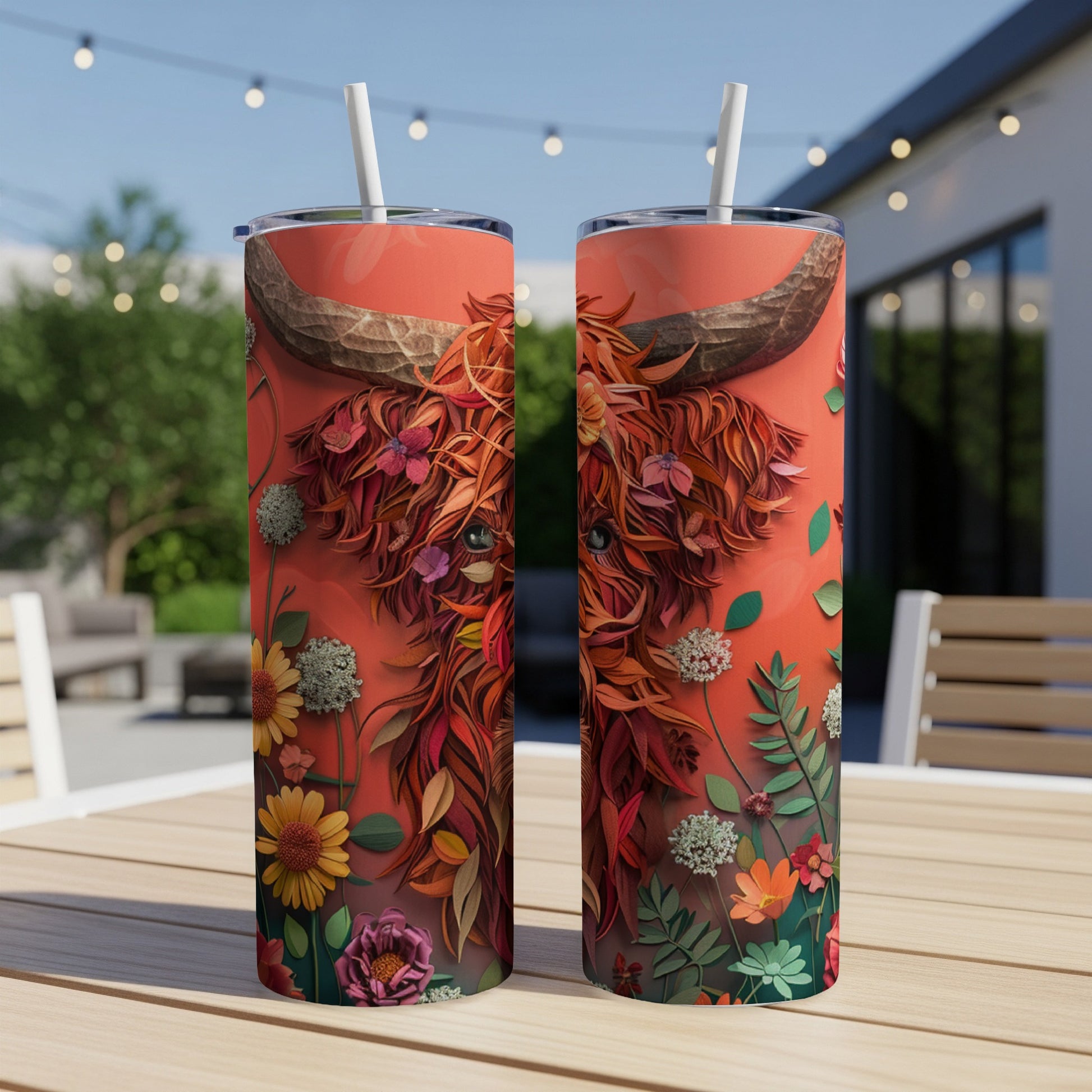 Tall tumbler with a Highland cow design featuring floral accents.