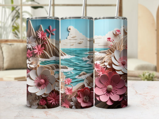 Three tumblers with floral and ocean landscape designs.