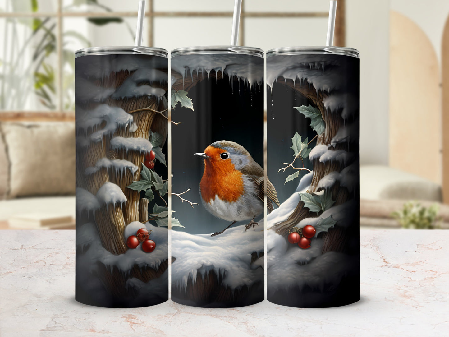 Robin in snowy forest scene on a tumbler with straw
