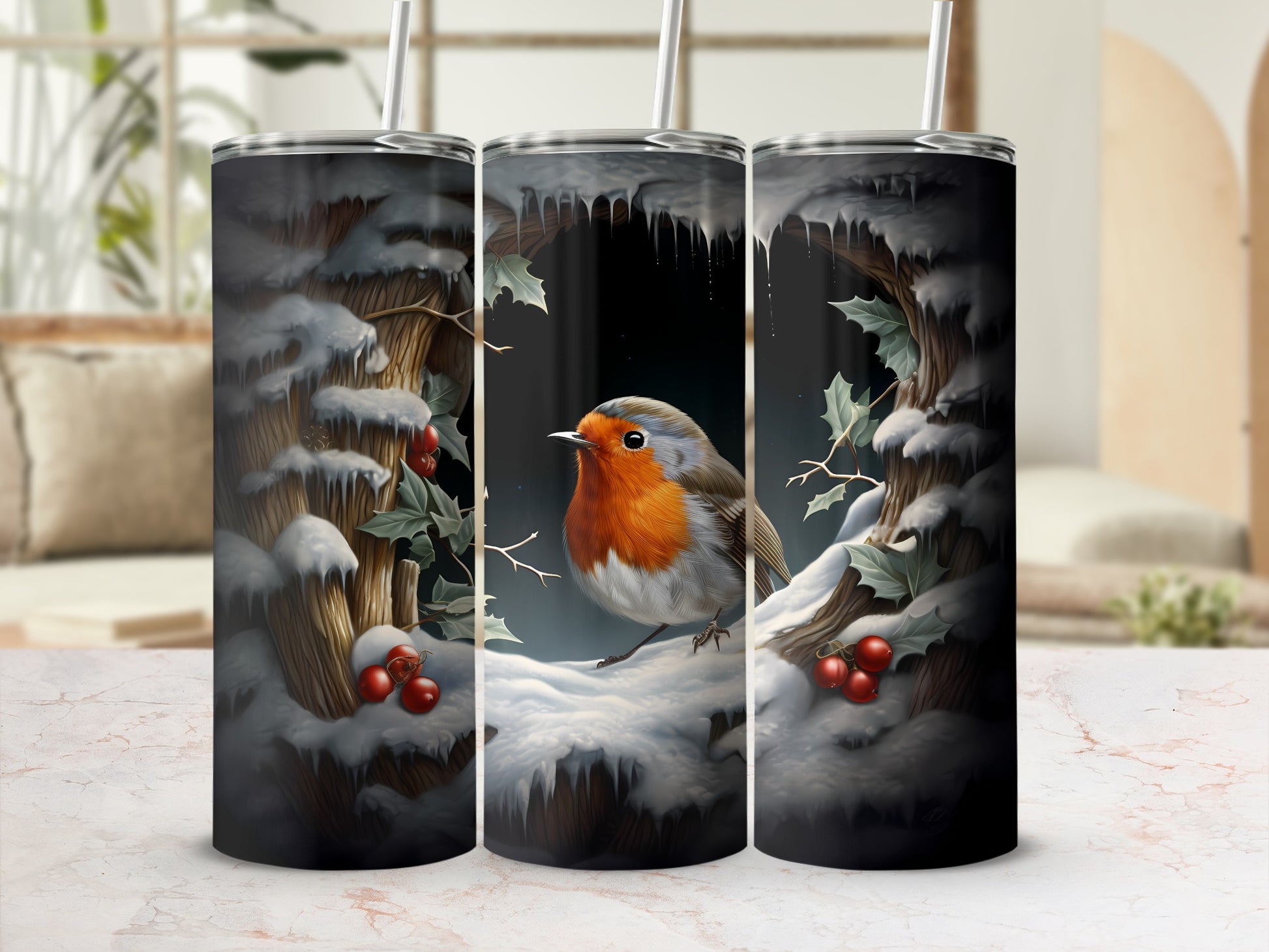 Robin in snowy forest scene on a tumbler with straw