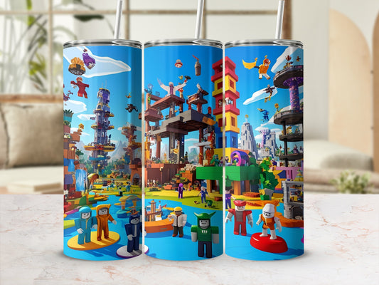 Three tumblers featuring a colorful, cartoonish cityscape with toy-like figures.