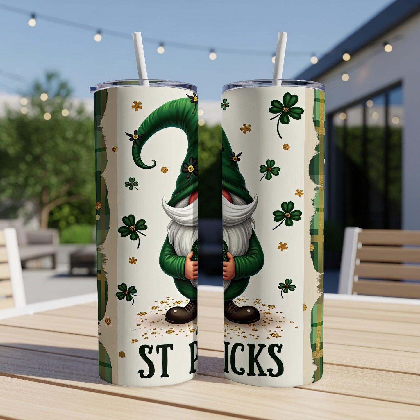 Green gnome and shamrocks on a St. Paddy's Day tumbler.