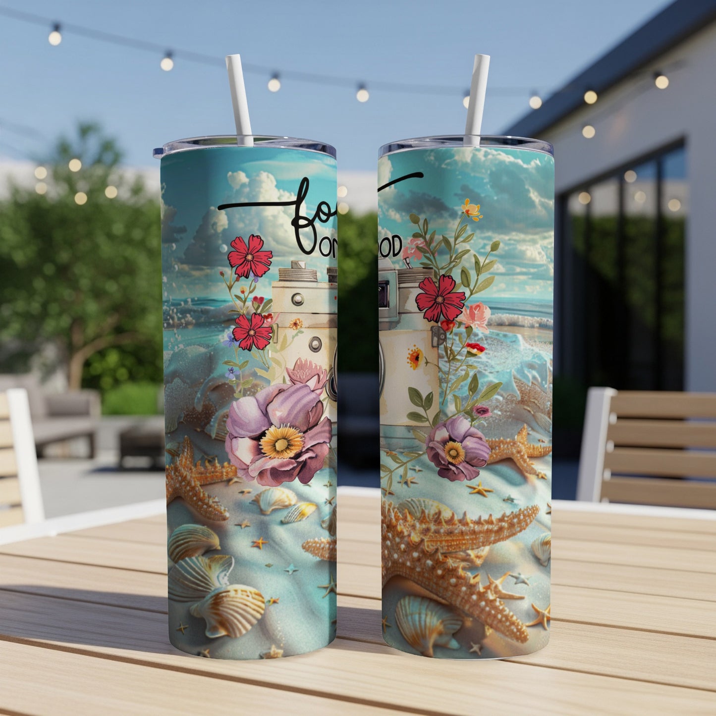 Two tumblers with beach scene, flowers, starfish, and text "for you".
