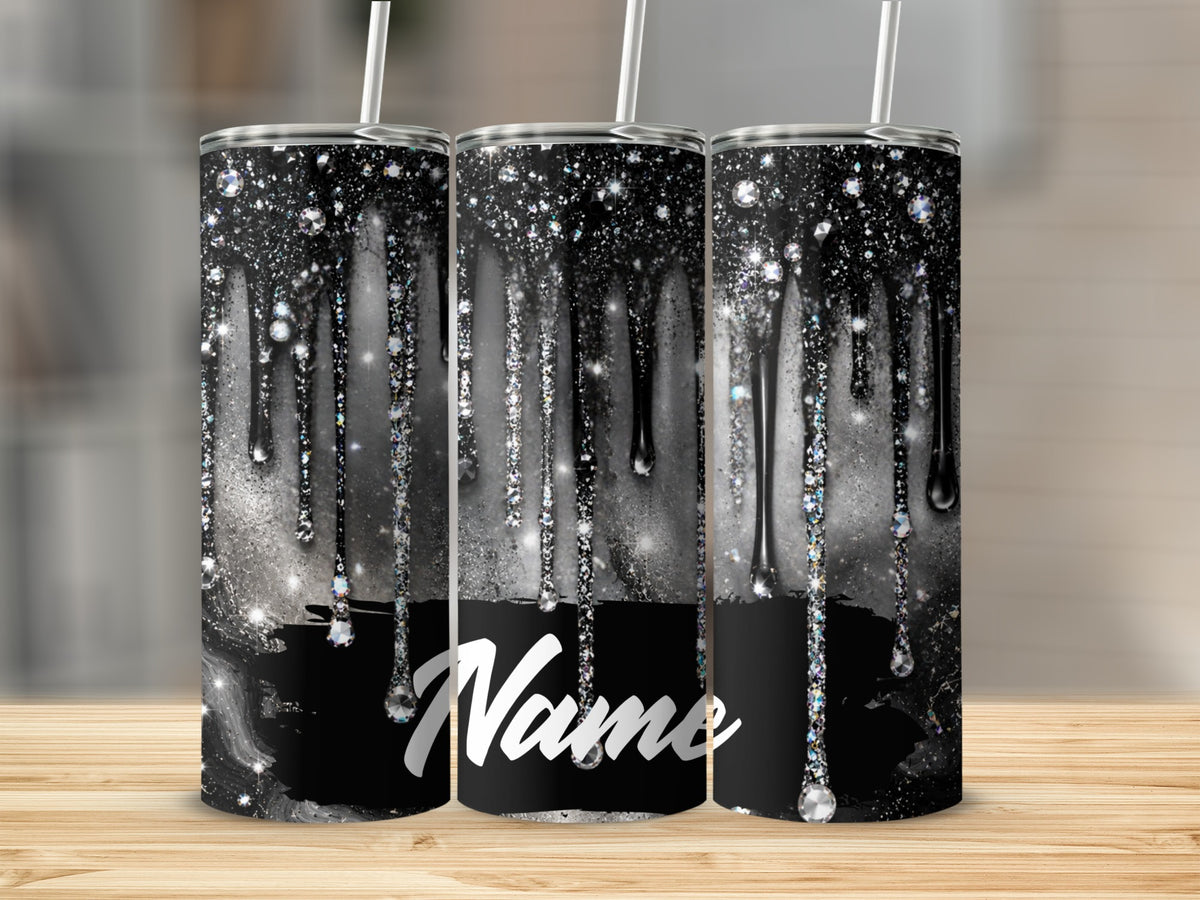 Three tumblers with a black glitter drip and crystal design, with "Name" text.
