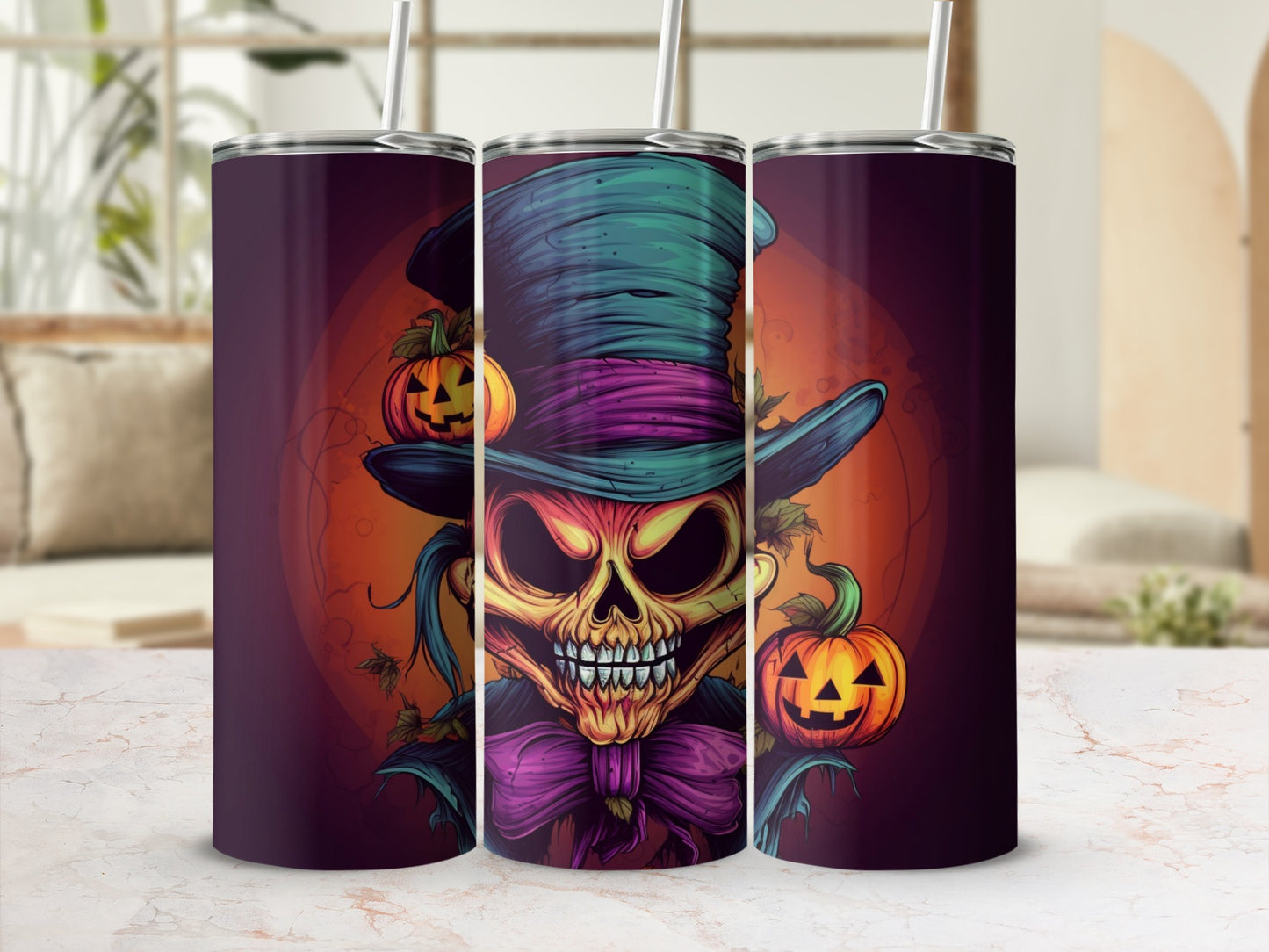 Halloween tumbler with a spooky skeleton character and pumpkins.